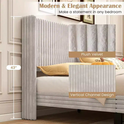 Lit plateforme double en velours avec tête de lit capitonnée, sommier tapissier non requis
