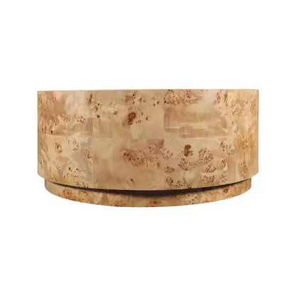 Table basse ronde en frêne naturel ronceux, plateau en MDF, cadre en bois