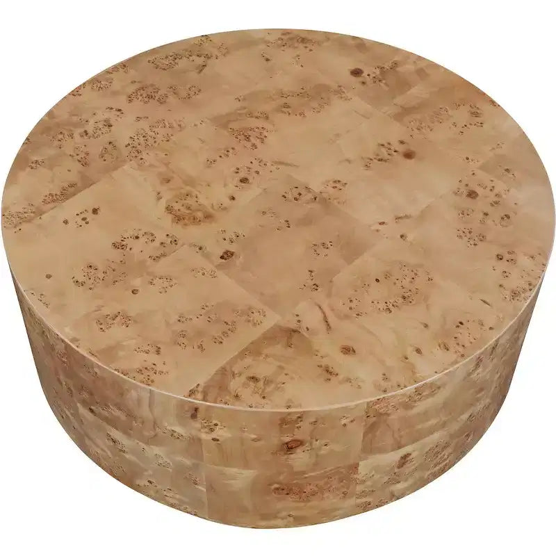 Table basse ronde en frêne naturel ronceux, plateau en MDF, cadre en bois
