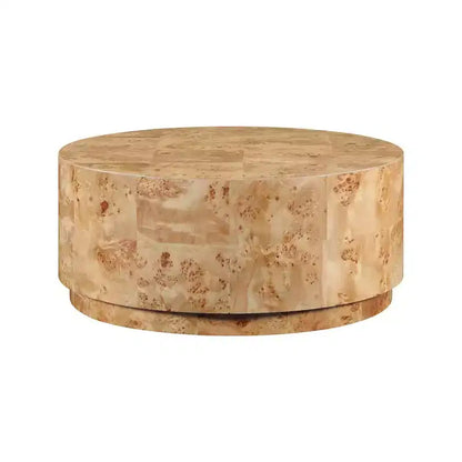 Table basse ronde en frêne naturel ronceux, plateau en MDF, cadre en bois