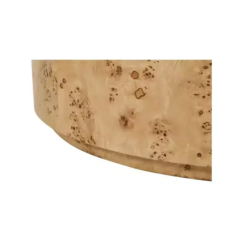 Table basse ronde en frêne naturel ronceux, plateau en MDF, cadre en bois