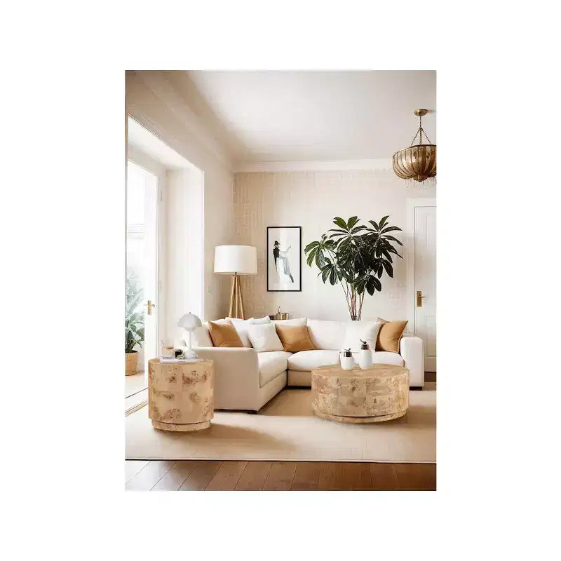 Table basse ronde en frêne naturel ronceux, plateau en MDF, cadre en bois