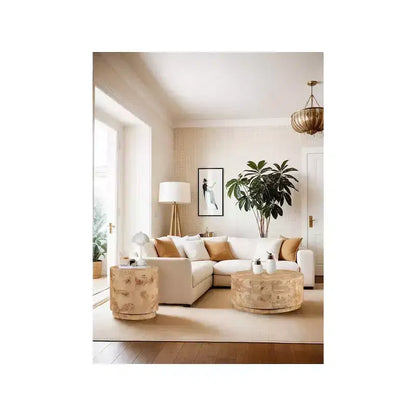 Table basse ronde en frêne naturel ronceux, plateau en MDF, cadre en bois