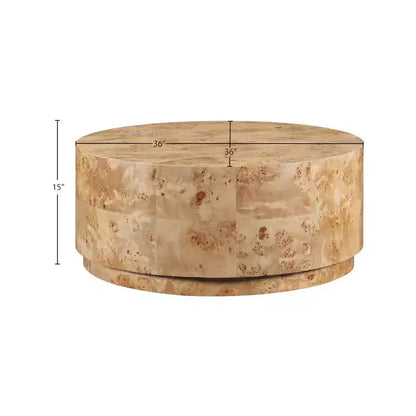 Table basse ronde en frêne naturel ronceux, plateau en MDF, cadre en bois