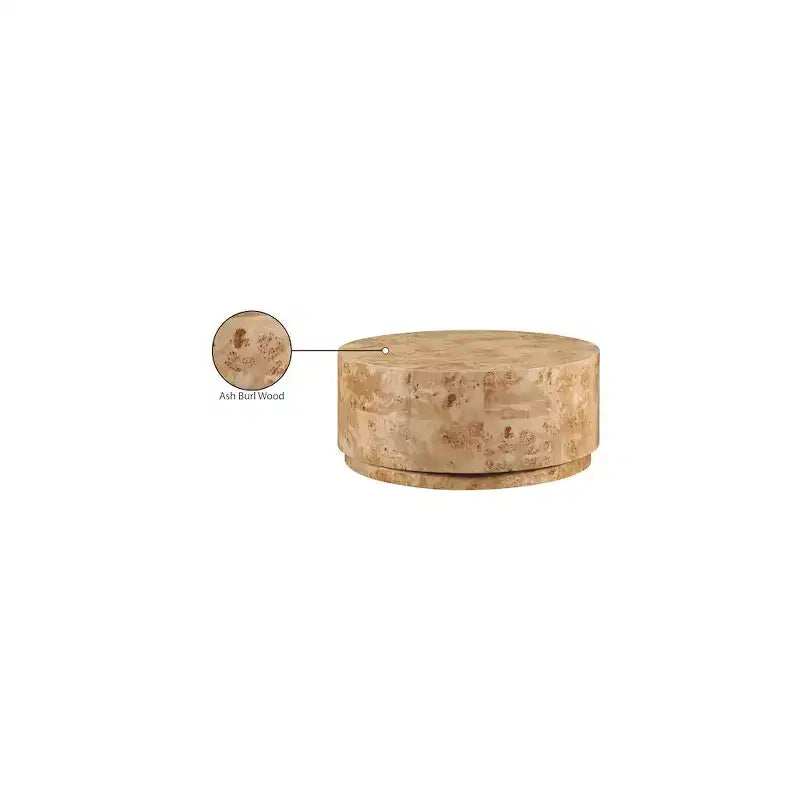 Table basse ronde en frêne naturel ronceux, plateau en MDF, cadre en bois