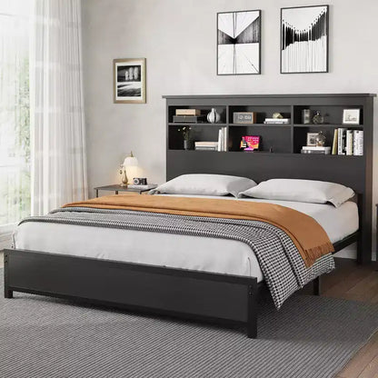 Bed Frame with Bookcase - 2-Tier High Headboard, Full Platform Bed with Charging Station, No Box Spring Needed, Easy Assemble, Black Mattress Frame