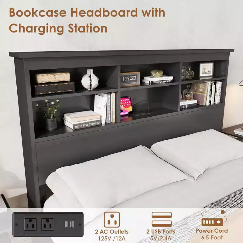 Cadre de lit avec bibliothèque - Tête de lit haute à 2 niveaux, Lit plateforme double avec station de charge, Aucun sommier tapissier requis, Facile à assembler, Cadre de matelas noir