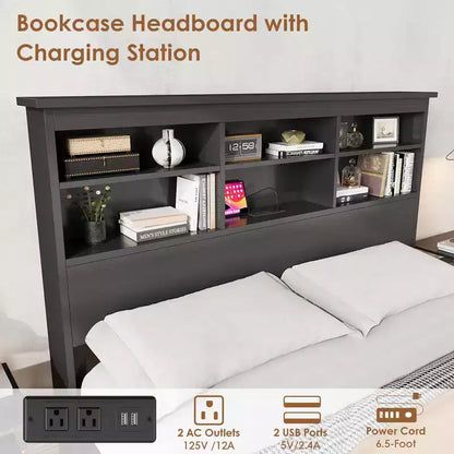 Cadre de lit avec bibliothèque - Tête de lit haute à 2 niveaux, Lit plateforme double avec station de charge, Aucun sommier tapissier requis, Facile à assembler, Cadre de matelas noir