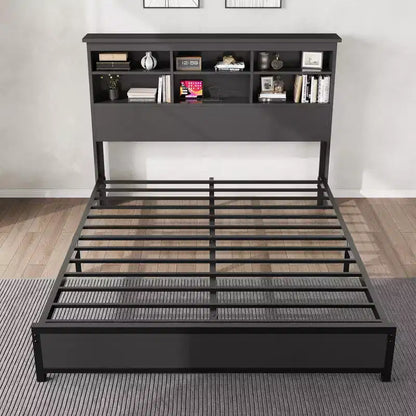 Cadre de lit avec bibliothèque - Tête de lit haute à 2 niveaux, Lit plateforme double avec station de charge, Aucun sommier tapissier requis, Facile à assembler, Cadre de matelas noir