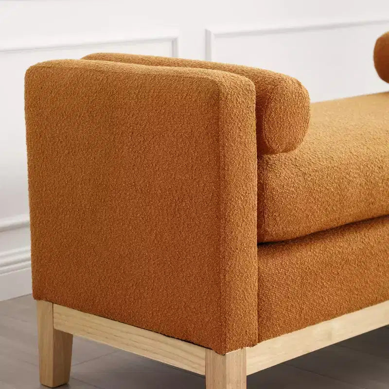 Banc rembourré de 53,5 po de large, pieds en bois et traversins, tissu bouclette, pour chambre à coucher, salon, entrée