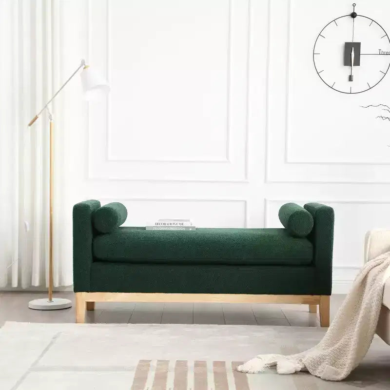 Banc rembourré de 53,5 po de large, pieds en bois et traversins, tissu bouclette, pour chambre à coucher, salon, entrée