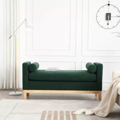 Banc rembourré de 53,5 po de large, pieds en bois et traversins, tissu bouclette, pour chambre à coucher, salon, entrée