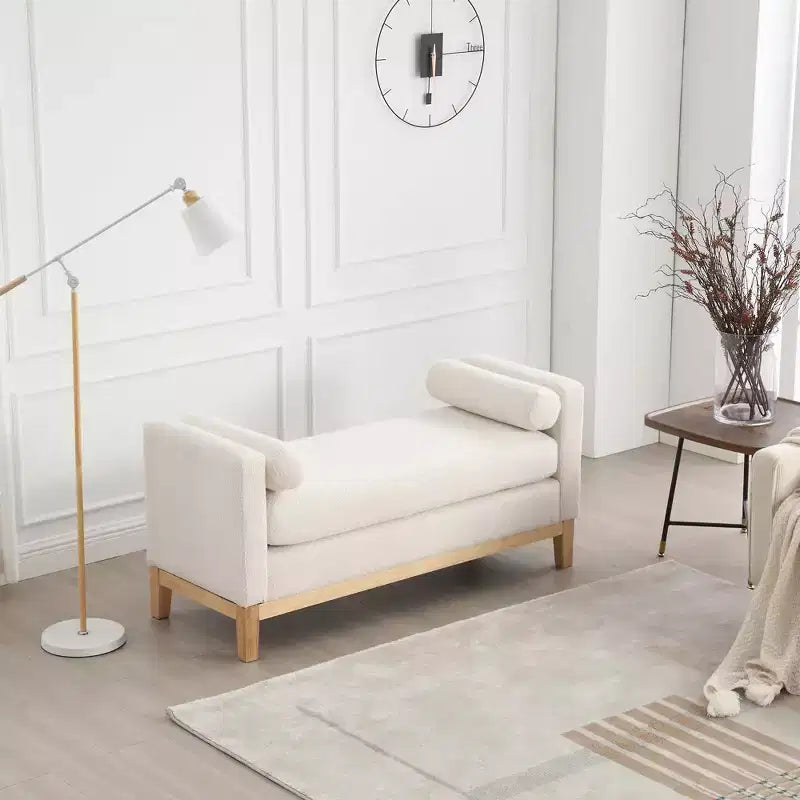 Banc rembourré de 53,5 po de large, pieds en bois et traversins, tissu bouclette, pour chambre à coucher, salon, entrée