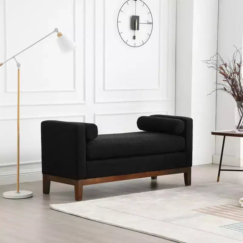 53.5 W Upholstered Bench, Wood Legs & Bolster Pillows, Boucle Fabric, for Bedroom, Living Room, Entryway
