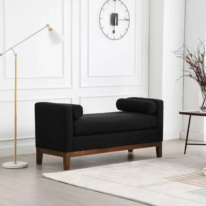 53.5 W Upholstered Bench, Wood Legs & Bolster Pillows, Boucle Fabric, for Bedroom, Living Room, Entryway