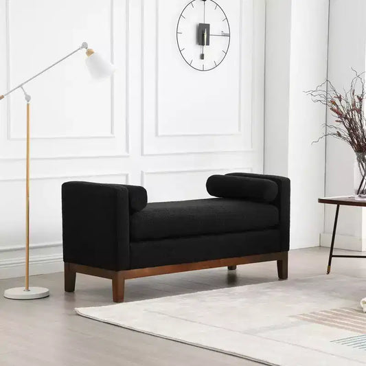 53.5 W Upholstered Bench, Wood Legs & Bolster Pillows, Boucle Fabric, for Bedroom, Living Room, Entryway