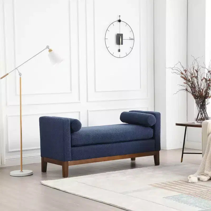 Banc rembourré de 53,5 po de large, pieds en bois et traversins, tissu bouclette, pour chambre à coucher, salon, entrée