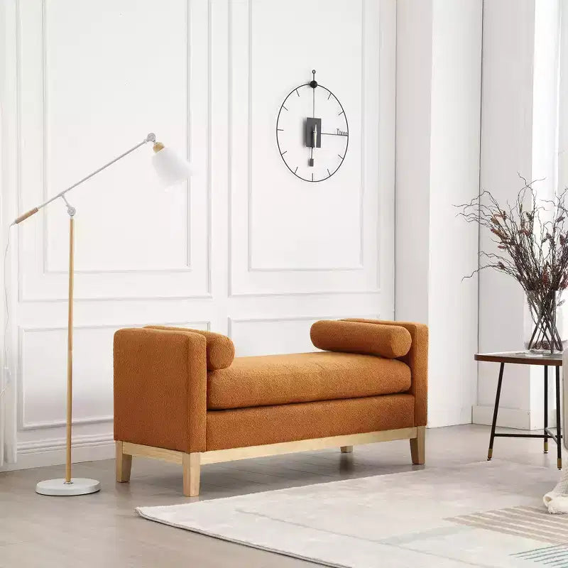 Banc rembourré de 53,5 po de large, pieds en bois et traversins, tissu bouclette, pour chambre à coucher, salon, entrée