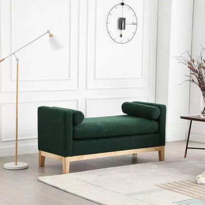 Banc rembourré de 53,5 po de large, pieds en bois et traversins, tissu bouclette, pour chambre à coucher, salon, entrée