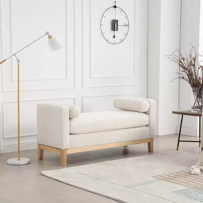 Banc rembourré de 53,5 po de large, pieds en bois et traversins, tissu bouclette, pour chambre à coucher, salon, entrée