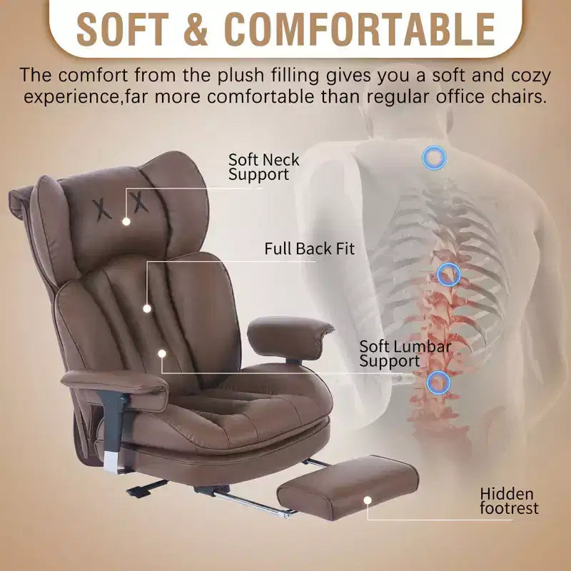 Fauteuil de bureau ergonomique grande taille – Chaise de bureau exécutive à dossier haut en cuir PU avec repose-pieds et soutien lombaire