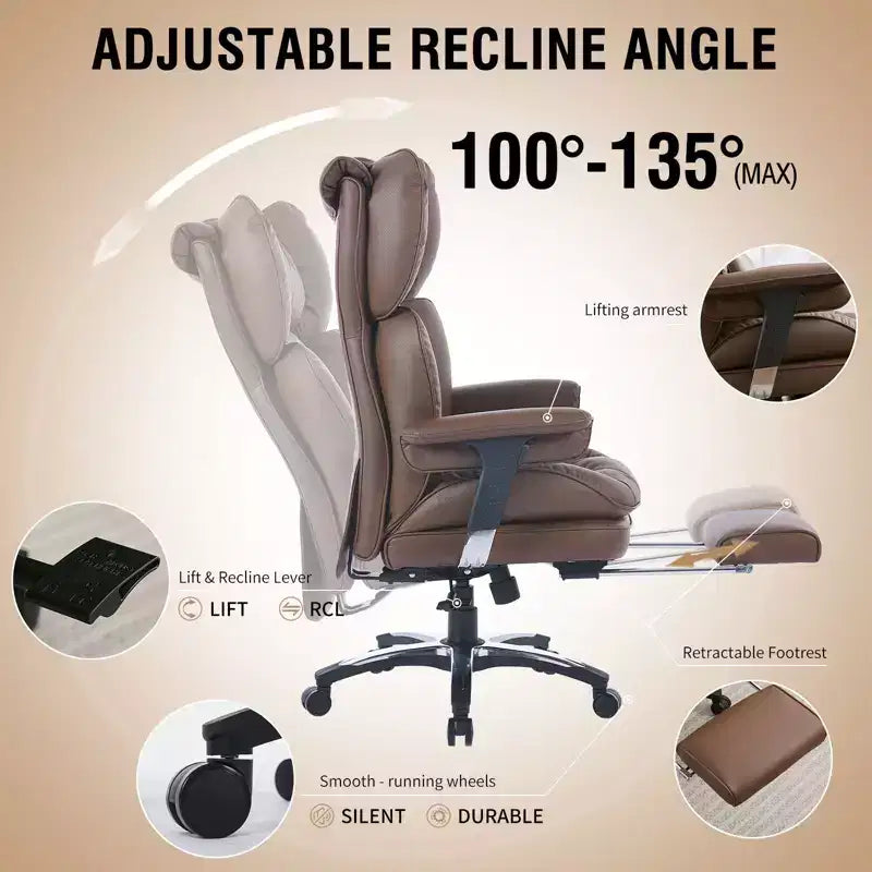 Fauteuil de bureau ergonomique grande taille – Chaise de bureau exécutive à dossier haut en cuir PU avec repose-pieds et soutien lombaire