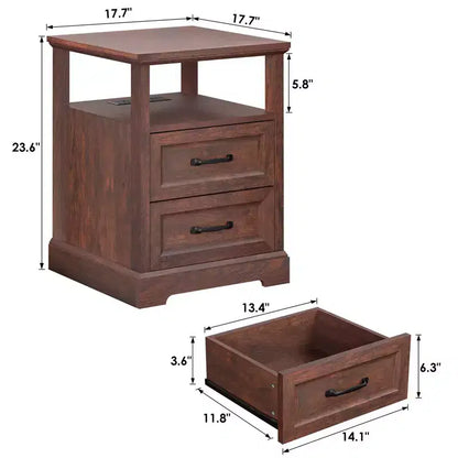 Table de chevet rustique moderne avec station de charge, 2 tiroirs et étagère ouverte – Table d'appoint de ferme