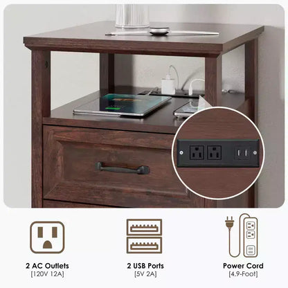 Table de chevet rustique moderne avec station de charge, 2 tiroirs et étagère ouverte – Table d'appoint de ferme
