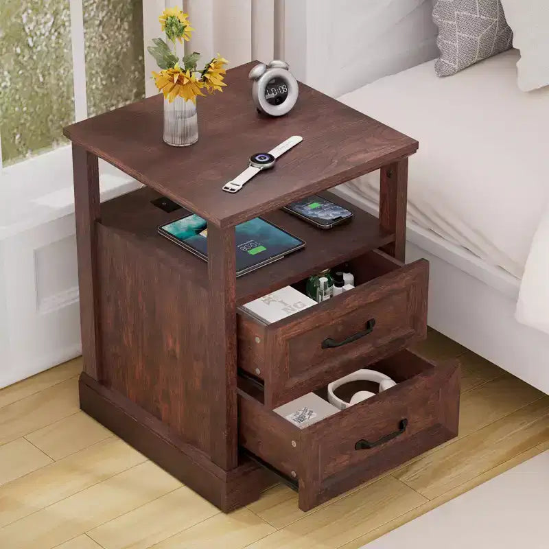 Table de chevet rustique moderne avec station de charge, 2 tiroirs et étagère ouverte – Table d'appoint de ferme