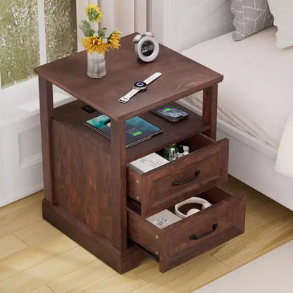 Table de chevet rustique moderne avec station de charge, 2 tiroirs et étagère ouverte – Table d'appoint de ferme