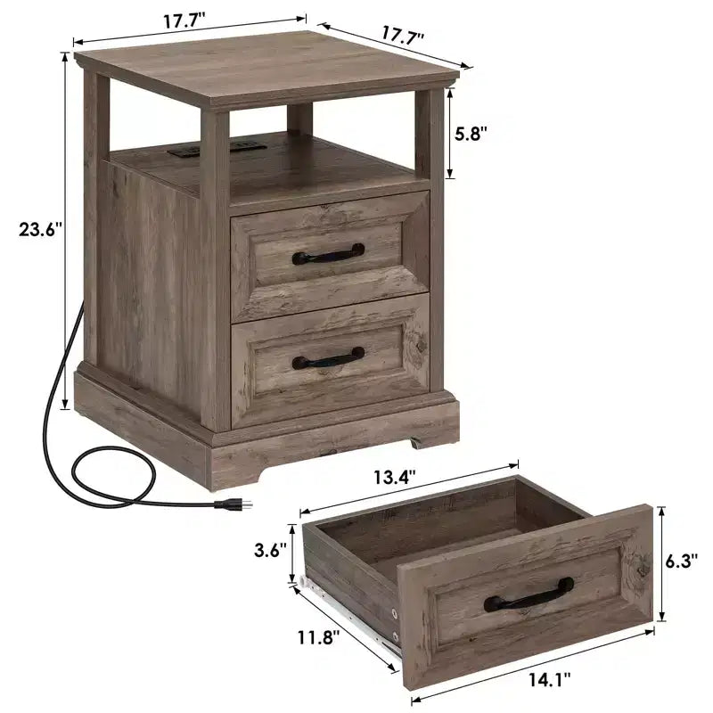 Table de chevet rustique moderne avec station de charge, 2 tiroirs et étagère ouverte – Table d'appoint de ferme