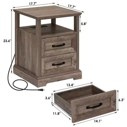 Table de chevet rustique moderne avec station de charge, 2 tiroirs et étagère ouverte – Table d'appoint de ferme