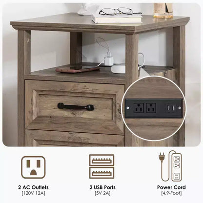 Table de chevet rustique moderne avec station de charge, 2 tiroirs et étagère ouverte – Table d'appoint de ferme