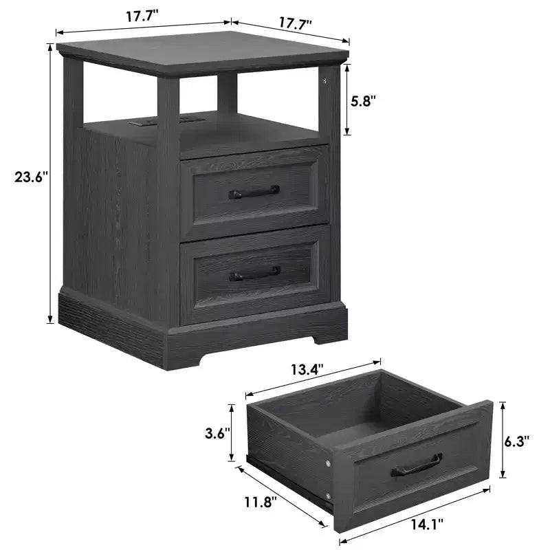 Table de chevet rustique moderne avec station de charge, 2 tiroirs et étagère ouverte – Table d'appoint de ferme