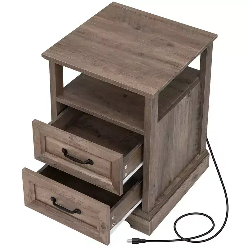 Table de chevet rustique moderne avec station de charge, 2 tiroirs et étagère ouverte – Table d'appoint de ferme