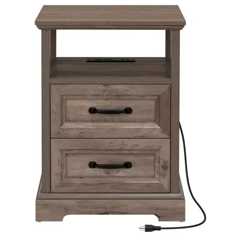 Table de chevet rustique moderne avec station de charge, 2 tiroirs et étagère ouverte – Table d'appoint de ferme