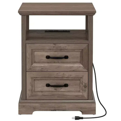 Table de chevet rustique moderne avec station de charge, 2 tiroirs et étagère ouverte – Table d'appoint de ferme