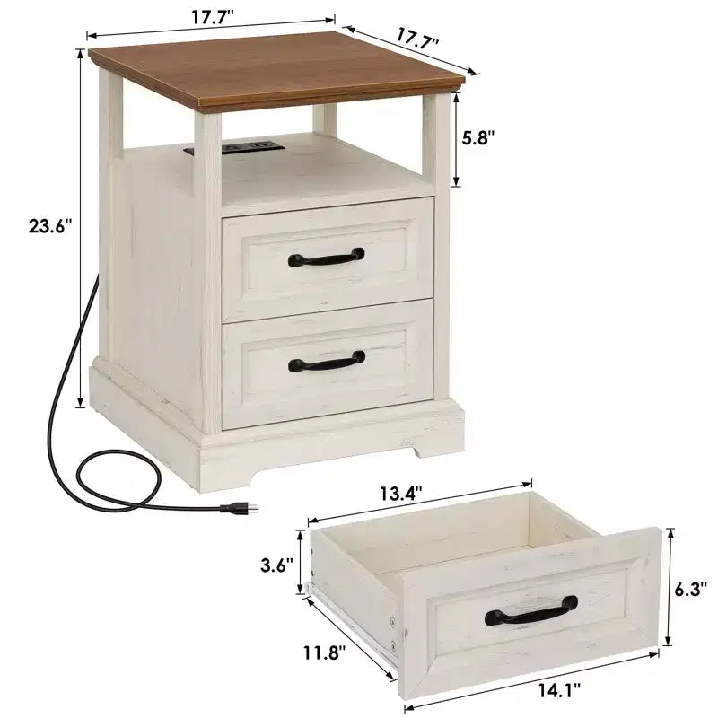 Table de chevet rustique moderne avec station de charge, 2 tiroirs et étagère ouverte – Table d'appoint de ferme