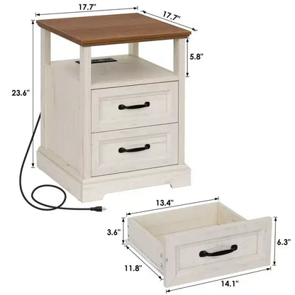 Table de chevet rustique moderne avec station de charge, 2 tiroirs et étagère ouverte – Table d'appoint de ferme