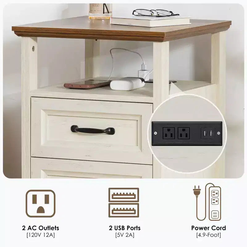 Table de chevet rustique moderne avec station de charge, 2 tiroirs et étagère ouverte – Table d'appoint de ferme
