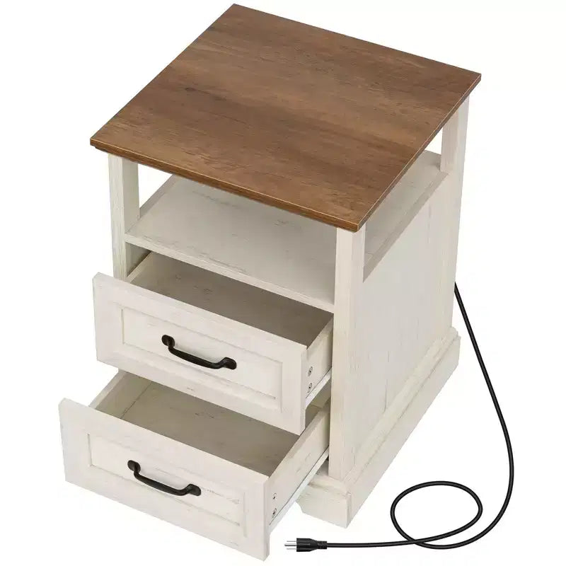 Table de chevet rustique moderne avec station de charge, 2 tiroirs et étagère ouverte – Table d'appoint de ferme