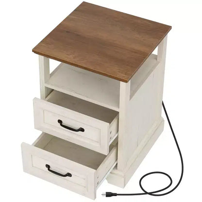 Table de chevet rustique moderne avec station de charge, 2 tiroirs et étagère ouverte – Table d'appoint de ferme