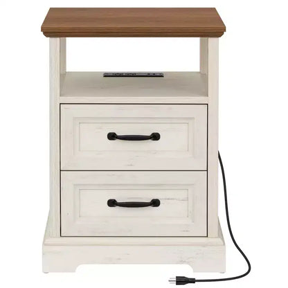 Table de chevet rustique moderne avec station de charge, 2 tiroirs et étagère ouverte – Table d'appoint de ferme