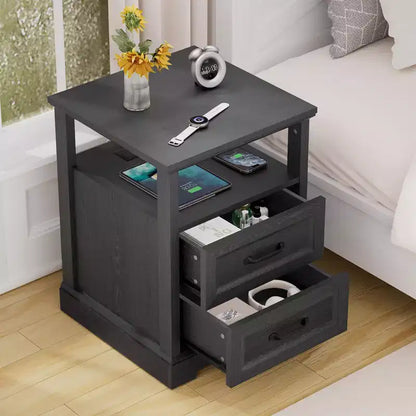 Table de chevet rustique moderne avec station de charge, 2 tiroirs et étagère ouverte – Table d'appoint de ferme