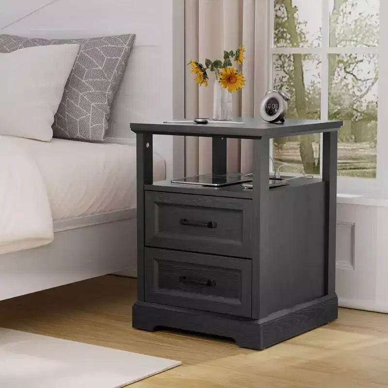 Table de chevet rustique moderne avec station de charge, 2 tiroirs et étagère ouverte – Table d'appoint de ferme