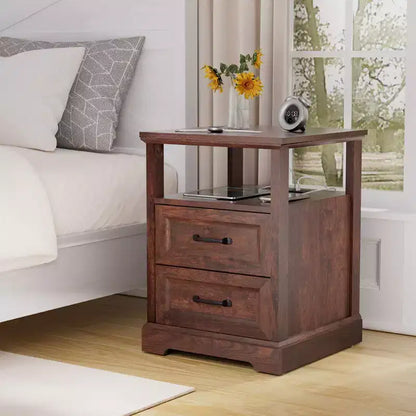 Table de chevet rustique moderne avec station de charge, 2 tiroirs et étagère ouverte – Table d'appoint de ferme