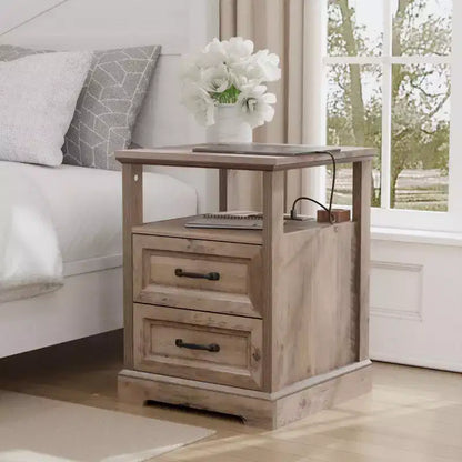 Table de chevet rustique moderne avec station de charge, 2 tiroirs et étagère ouverte – Table d'appoint de ferme