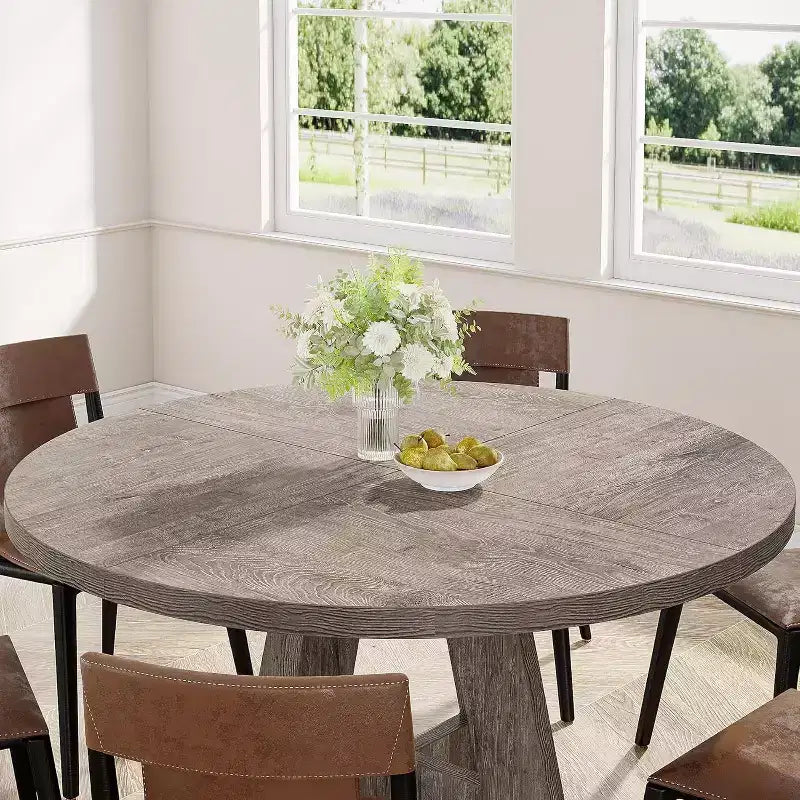 Grande table à manger ronde de ferme avec pied en croix – Table de cuisine en bois pour salle à manger et coin repas