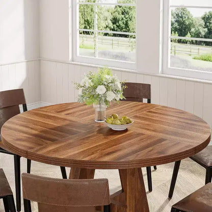 Grande table à manger ronde de ferme avec pied en croix – Table de cuisine en bois pour salle à manger et coin repas