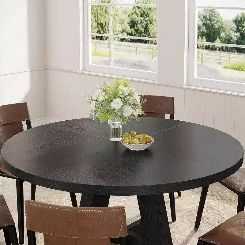 Grande table à manger ronde de ferme avec pied en croix – Table de cuisine en bois pour salle à manger et coin repas